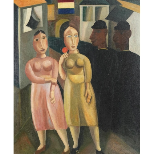 1493 - Abstract figures, oil on board, contemporary framed, 59.5cm x 49.5cm.