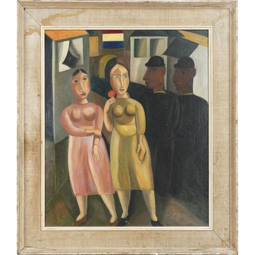 1493 - Abstract figures, oil on board, contemporary framed, 59.5cm x 49.5cm.