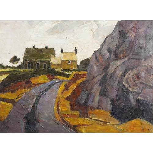 1517 - Manner of Kyffin Williams - Cottages on a roadside, oil on canvas, framed, 59cm x 44cm.