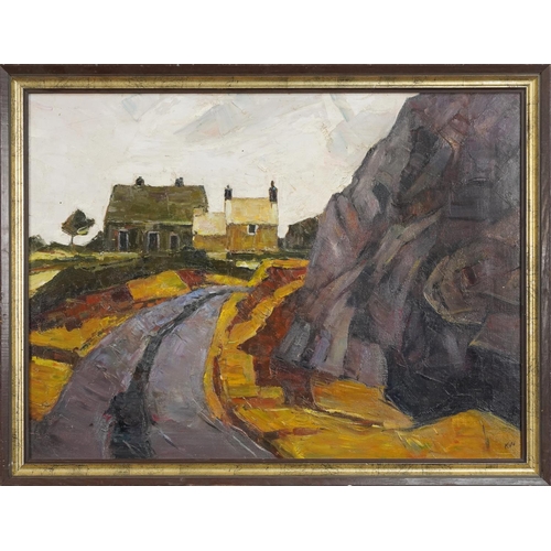 1517 - Manner of Kyffin Williams - Cottages on a roadside, oil on canvas, framed, 59cm x 44cm.