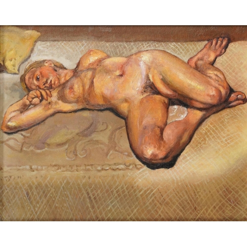 1518 - Manner of Lucian Freud - Nude female laying on a bed, oil on board, framed, 48cm x 38cm.