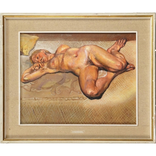 1518 - Manner of Lucian Freud - Nude female laying on a bed, oil on board, framed, 48cm x 38cm.