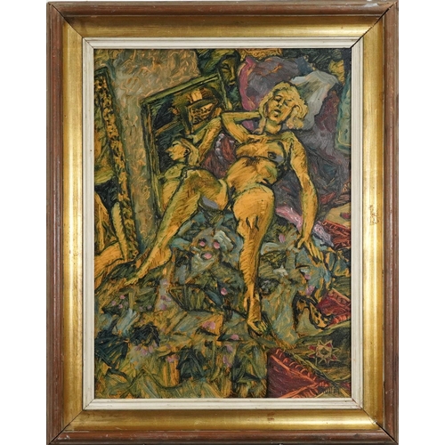 1520 - Manner of John Bratby - Nude female sleeping on a chair, oil on board, framed, 58cm x 43cm.