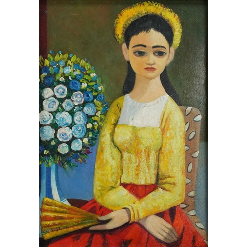 1487 - Manner of D O'Neill - Young female with flowers, oil on board, framed, 48.5cm x 33cm.