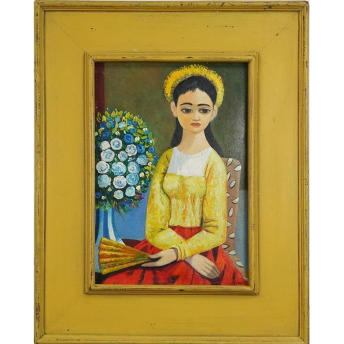 1487 - Manner of D O'Neill - Young female with flowers, oil on board, framed, 48.5cm x 33cm.