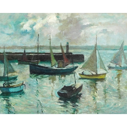 1485 - Manner of John A Park - Moored fishing boats in St. Ives, oil on board, framed, 49cm x 39cm.