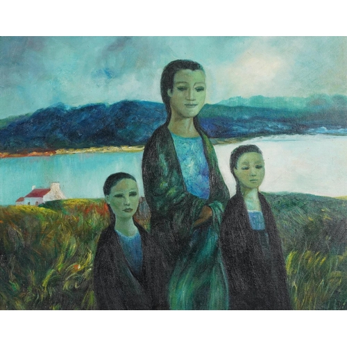 1486 - Manner of D O'Neill - Three females before a lake, oil on board, framed, 49cm x 39cm.