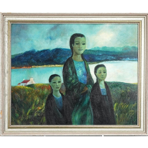 1486 - Manner of D O'Neill - Three females before a lake, oil on board, framed, 49cm x 39cm.