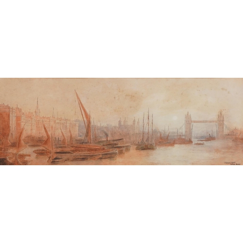 1489 - Manner of Fred E Goff - Tower Bridge, pencil and watercolour on card, mounted and framed, 71cm x 25.... 