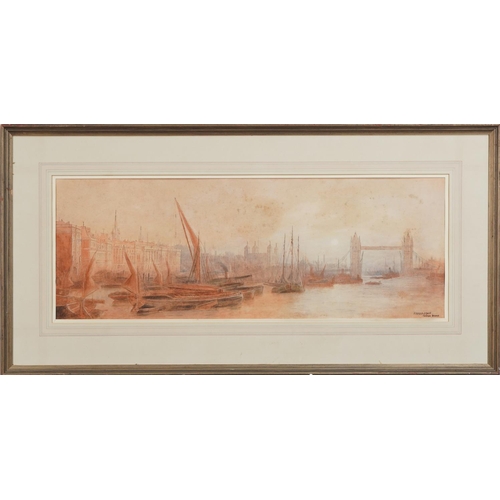 1489 - Manner of Fred E Goff - Tower Bridge, pencil and watercolour on card, mounted and framed, 71cm x 25.... 