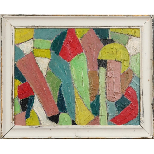 1490 - Abstract composition, geometric shapes, impasto oil on board, framed, 63.5cm x 49cm.