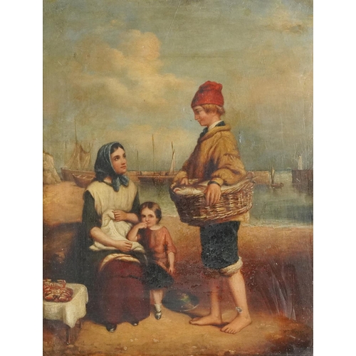 1491 - Attributed to William Shayer - Young fisherman with his family, oil on canvas, gilt framed and glaze... 