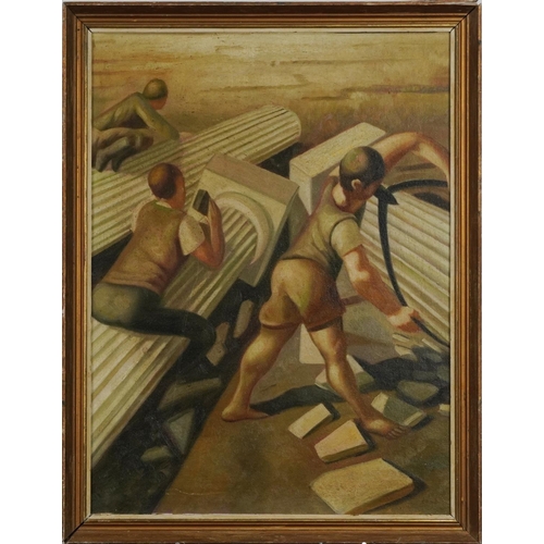 1585 - Abstract figures, Russian school oil on board, framed, 58cm x 44cm.