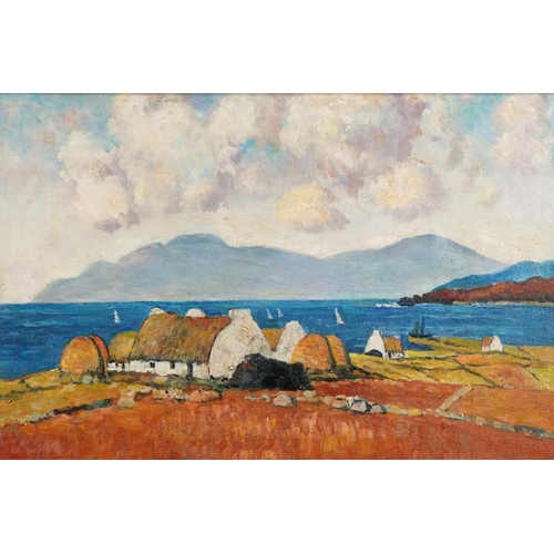 1516 - Farmyard buildings on a coast, American school oil on canvas, framed, 59cm x 39cm.