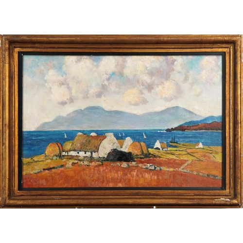 1516 - Farmyard buildings on a coast, American school oil on canvas, framed, 59cm x 39cm.