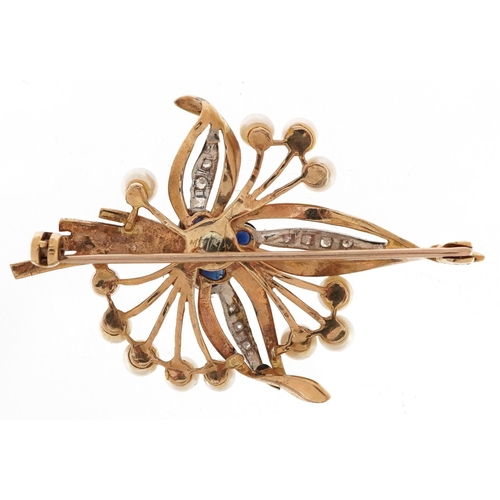 3058 - A 9ct gold diamond, sapphire and cultured pearl floral brooch, 4.8cm wide, 7.4g.