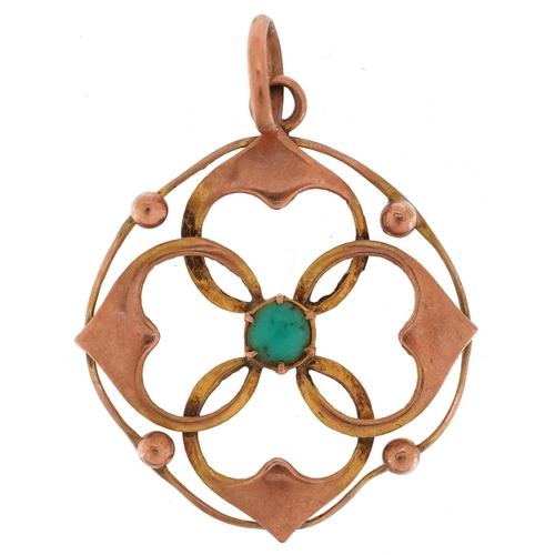 3381 - An Edwardian 9ct rose gold cabochon turquoise openwork pendant, 2.3cm high, 0.8g.