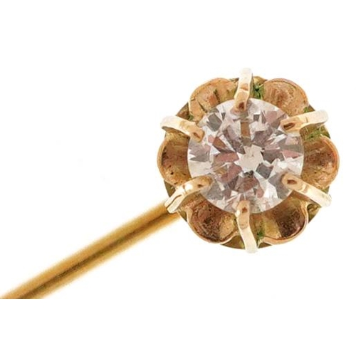 3133 - An unmarked gold diamond solitaire stickpin, the diamond approximately 3.50mm in diameter, 1.0g.