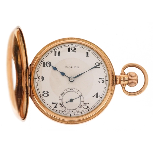  xxx Rolex, a gentlemen's 9ct gold open face half hunter top wind pocket watch having enamelled dials... 