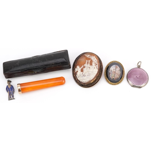 3655 - Antique jewellery including an Italian micro mosaic brooch, amber coloured cheroot holder with 9ct g... 