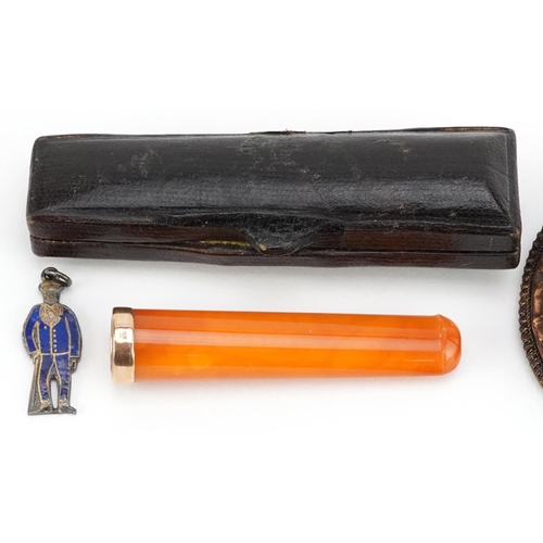 3655 - Antique jewellery including an Italian micro mosaic brooch, amber coloured cheroot holder with 9ct g... 