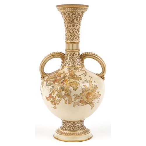 185 - A late 19th century Doulton Burslem fine bone china two handled vase with hand painted and gilded de... 