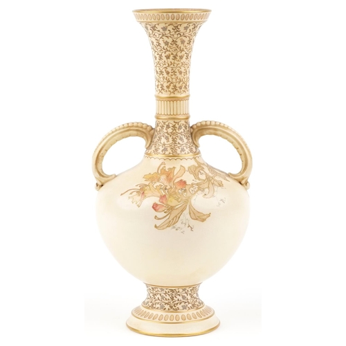 185 - A late 19th century Doulton Burslem fine bone china two handled vase with hand painted and gilded de... 