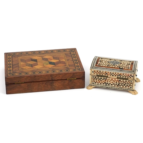 166 - An early 20th century Tunbridge Ware walnut playing card box, 15cm wide, together with an early 20th... 