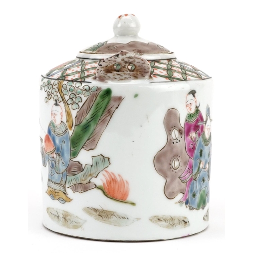 76 - A Chinese porcelain teapot, 20th century, decorated with figures, bearing a character mark to base, ... 