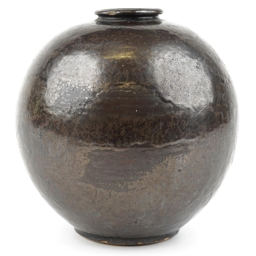 448 - A contemporary British School studio pottery raku glazed globular vase, indistinctly signed to base,... 