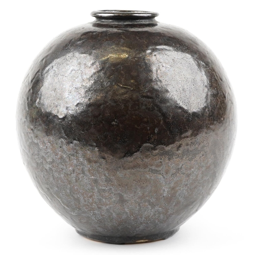 448 - A contemporary British School studio pottery raku glazed globular vase, indistinctly signed to base,... 