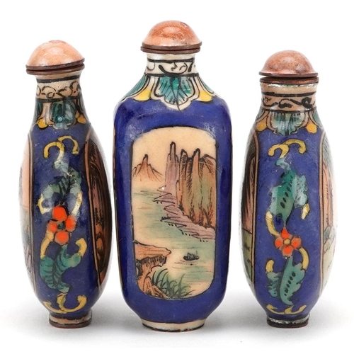 397 - Three Chinese enamelled scent bottles, 20th century, each with hand painted landscape scenes, 7cm hi... 