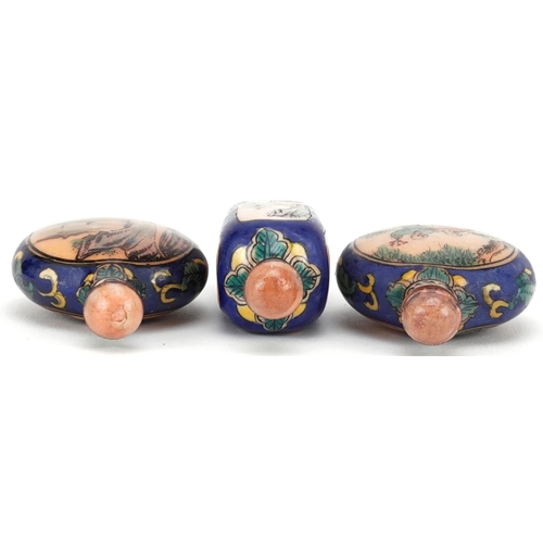 397 - Three Chinese enamelled scent bottles, 20th century, each with hand painted landscape scenes, 7cm hi... 