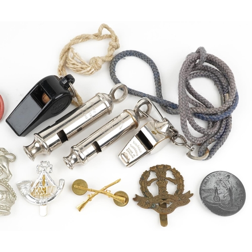 2467 - Militaria including British military interest badges, German Donation badges and ACME Scout whistles... 