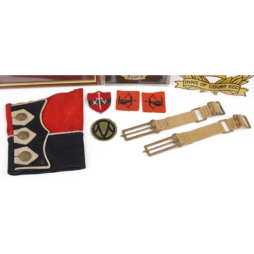 2475 - Militaria including Royal Marines Light Infantry tunic cuff with buttons, Royal Scots Greys embroide... 