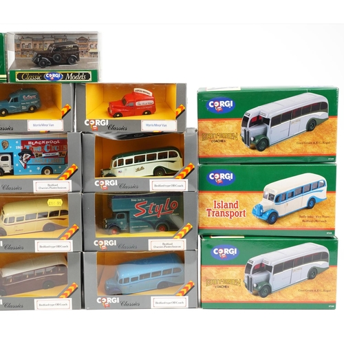 1343 - Twenty Corgi Classics diecast model vehicles with boxes including Bedford Type OB coach, Morris Mino... 