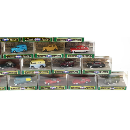 1346 - Twenty five Corgi Classic diecast model vehicles with boxes including Saab 96, MGA-Hardtop, Ford Zod... 