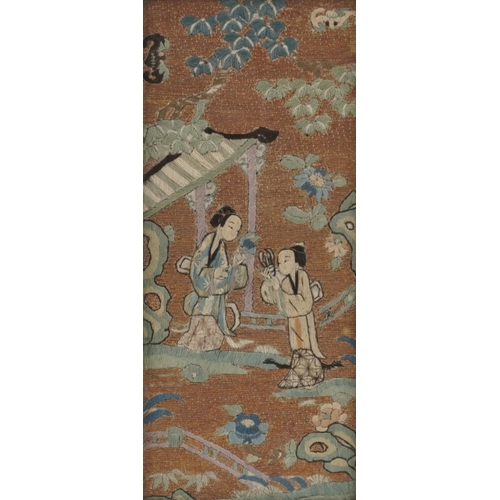 349 - A Chinese silk work embroidery, late 19th/early 20th century, with gilt thread depicting two Geishas... 