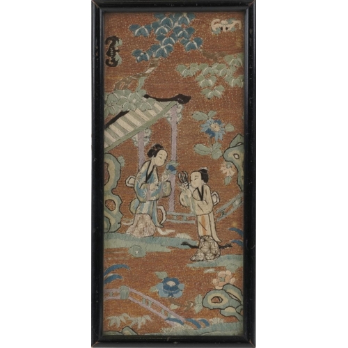 349 - A Chinese silk work embroidery, late 19th/early 20th century, with gilt thread depicting two Geishas... 