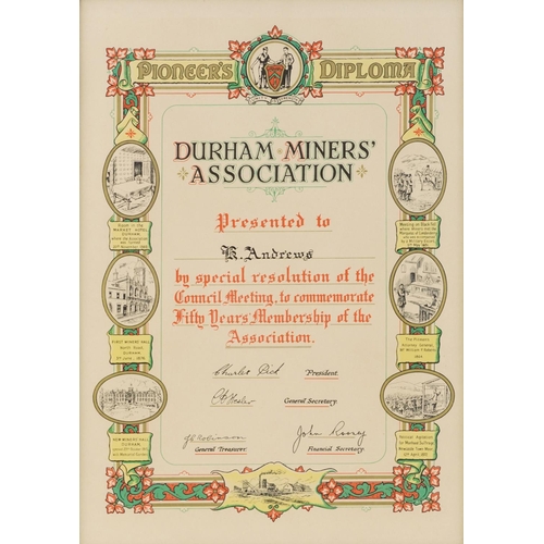 2273 - An early 20th century Durham Miners' Association Pioneers diploma presented to B. Andrews, framed, 4... 