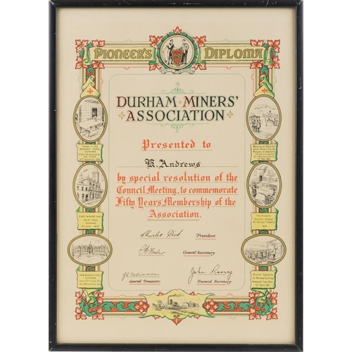 2273 - An early 20th century Durham Miners' Association Pioneers diploma presented to B. Andrews, framed, 4... 