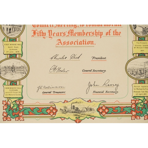 2273 - An early 20th century Durham Miners' Association Pioneers diploma presented to B. Andrews, framed, 4... 