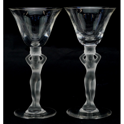 367 - A pair of mid 20th century Bayel frosted crystal wine glasses with figural stems, 16cm high.