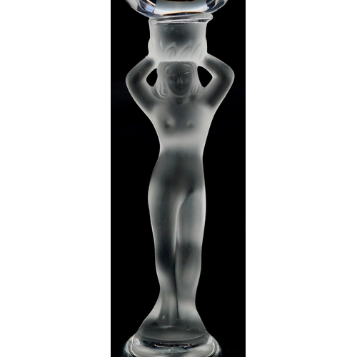 367 - A pair of mid 20th century Bayel frosted crystal wine glasses with figural stems, 16cm high.