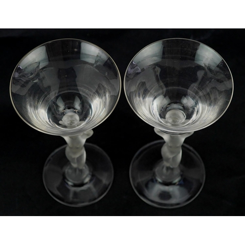 367 - A pair of mid 20th century Bayel frosted crystal wine glasses with figural stems, 16cm high.