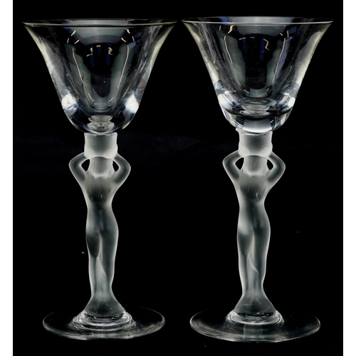 367 - A pair of mid 20th century Bayel frosted crystal wine glasses with figural stems, 16cm high.