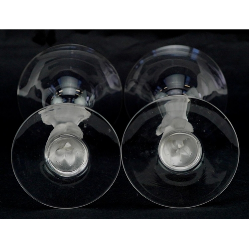 367 - A pair of mid 20th century Bayel frosted crystal wine glasses with figural stems, 16cm high.