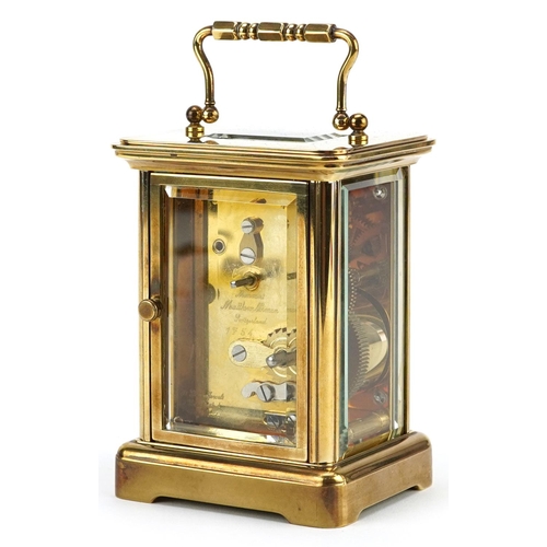 181 - A 20th century gilt brass carriage clock, the white enamelled dial with black Roman numerals, detail... 