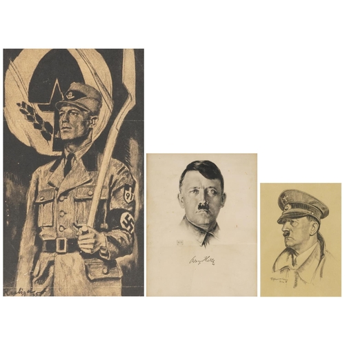 2445 - Two military interest prints of Adolf Hitler and one of a standing officer, each mounted and framed,... 