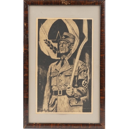 2445 - Two military interest prints of Adolf Hitler and one of a standing officer, each mounted and framed,... 